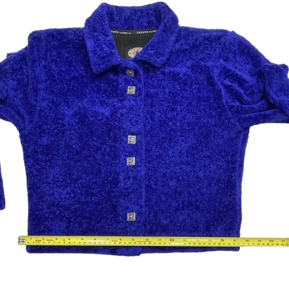 COUNTY CLOTHING‎ Cropped Fleece Jacket Women's Small Blue/Purple Artsy Buttons - Picture 12 of 15